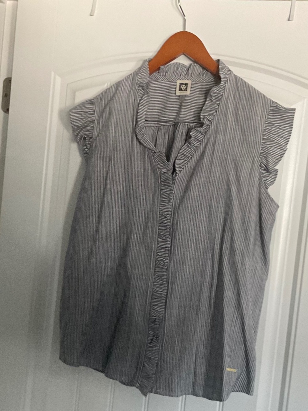 Anne Klein Large Striped Ruffled Cap Sleeve Blouse